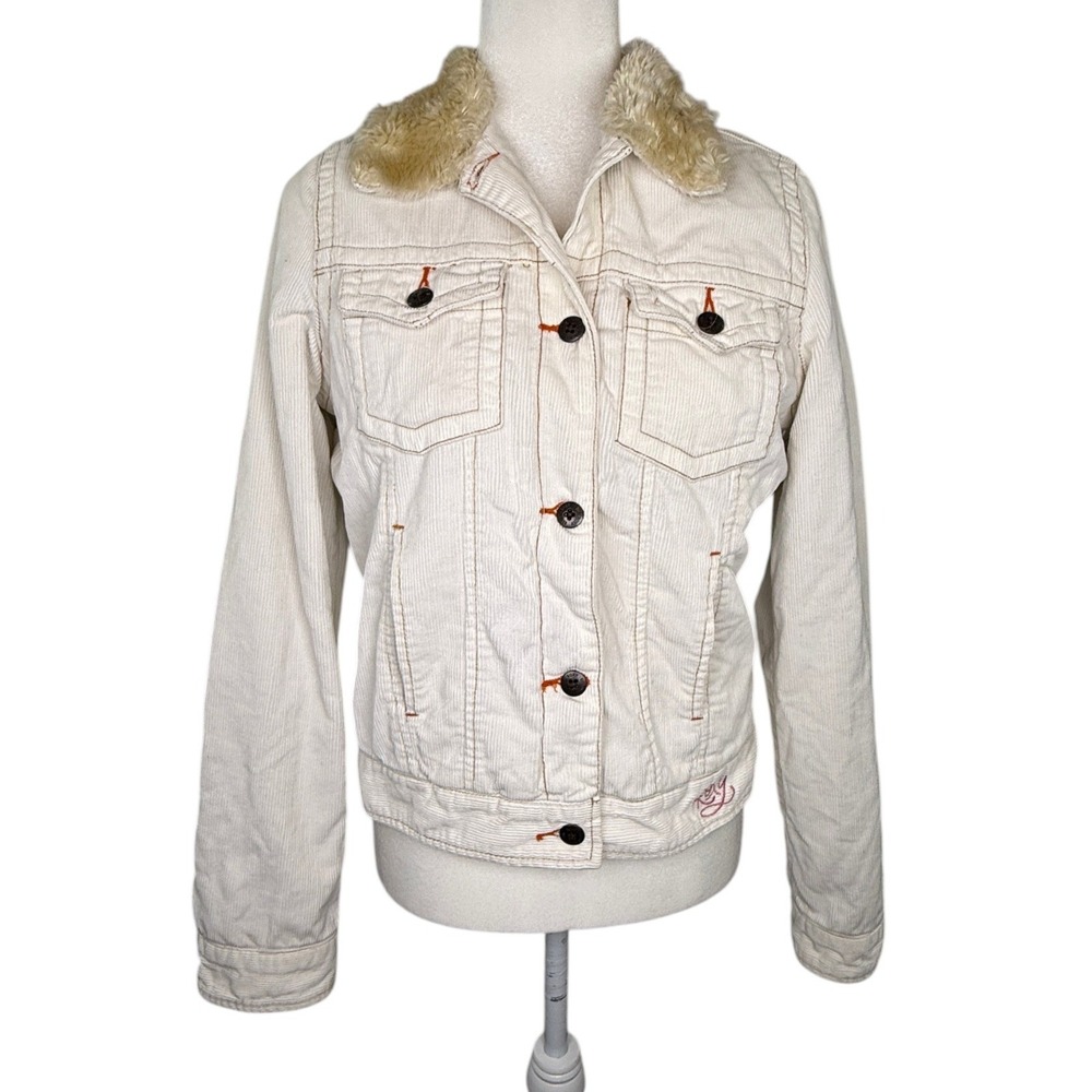 Roxy Vintage Women L Corduroy Jacket Faux Fur Collar Floral Embroidered Y2K Boho